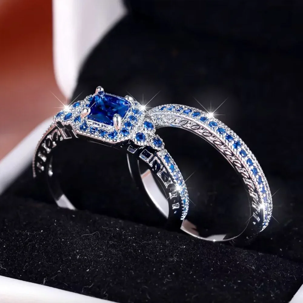 NEW 14k White Gold Blue Sapphire Diamond Ring Band Set of 2 Rings
